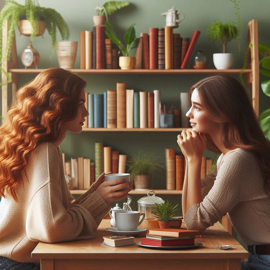 Due persone in dialogo durante un percorso di crescita personale, contesto calmo e riservato adatto al lavoro su obiettivi individuali.