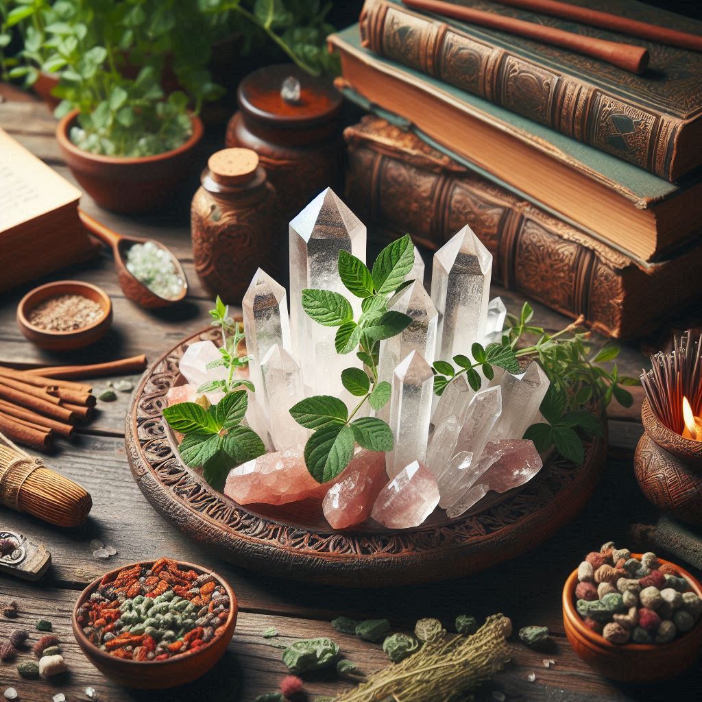 Dettaglio di cristalli, piante e materiali naturali usati nel contesto dei trattamenti bioenergetici e dell'armonizzazione energetica.